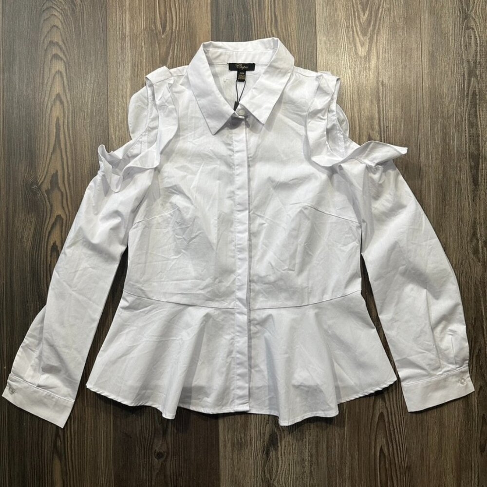 Cupio Womens Cold Shoulder Blouse Top Medium White Button Up Ruffle Chic Modern
